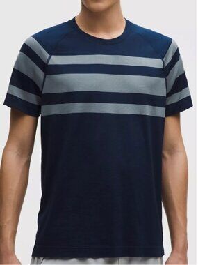 LULULEMON Men's Metal Vent Tech Short Sleeve Stripe Blue Steel S NWT